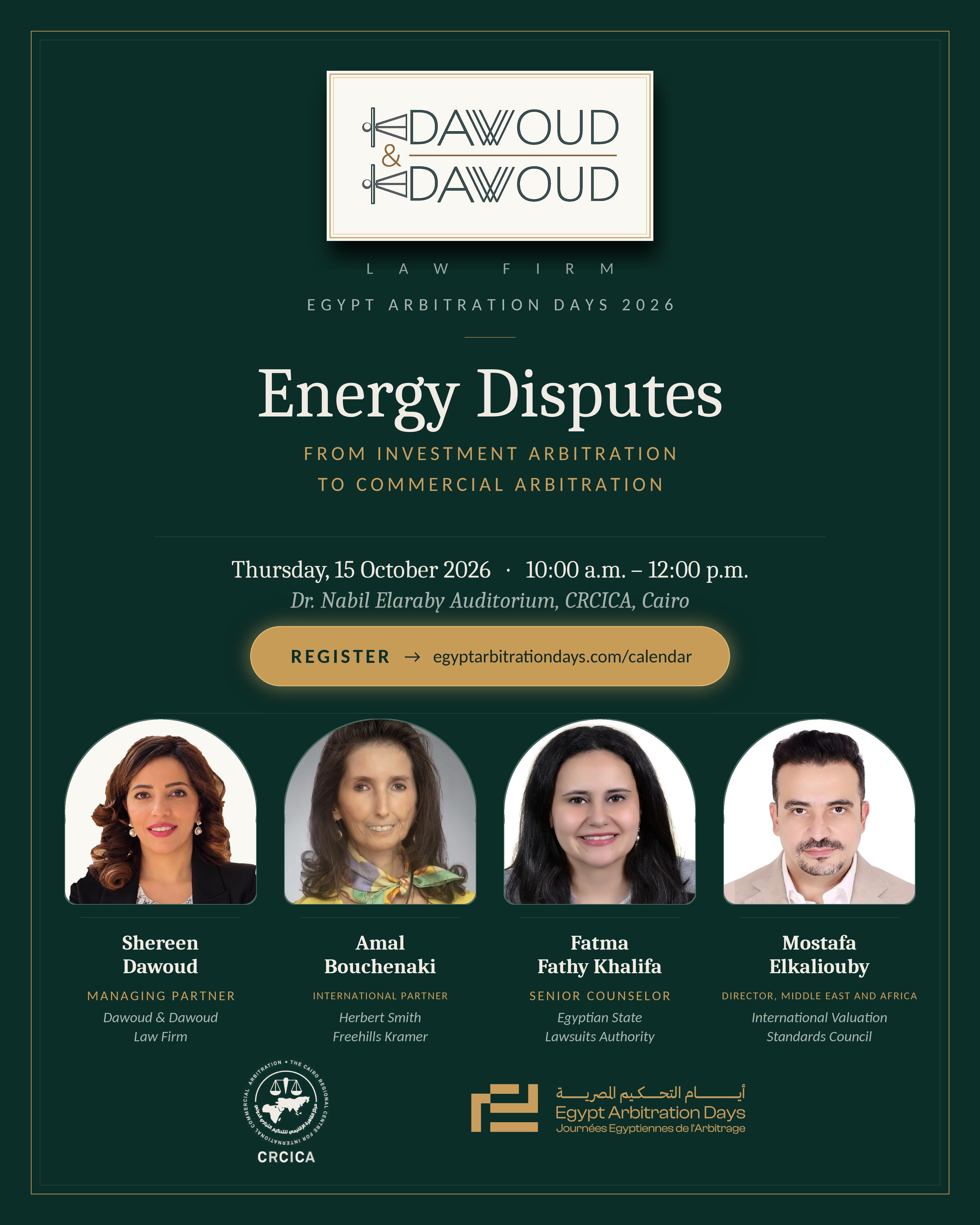 Egypt Arbitration Days 2026 energy disputes panel poster